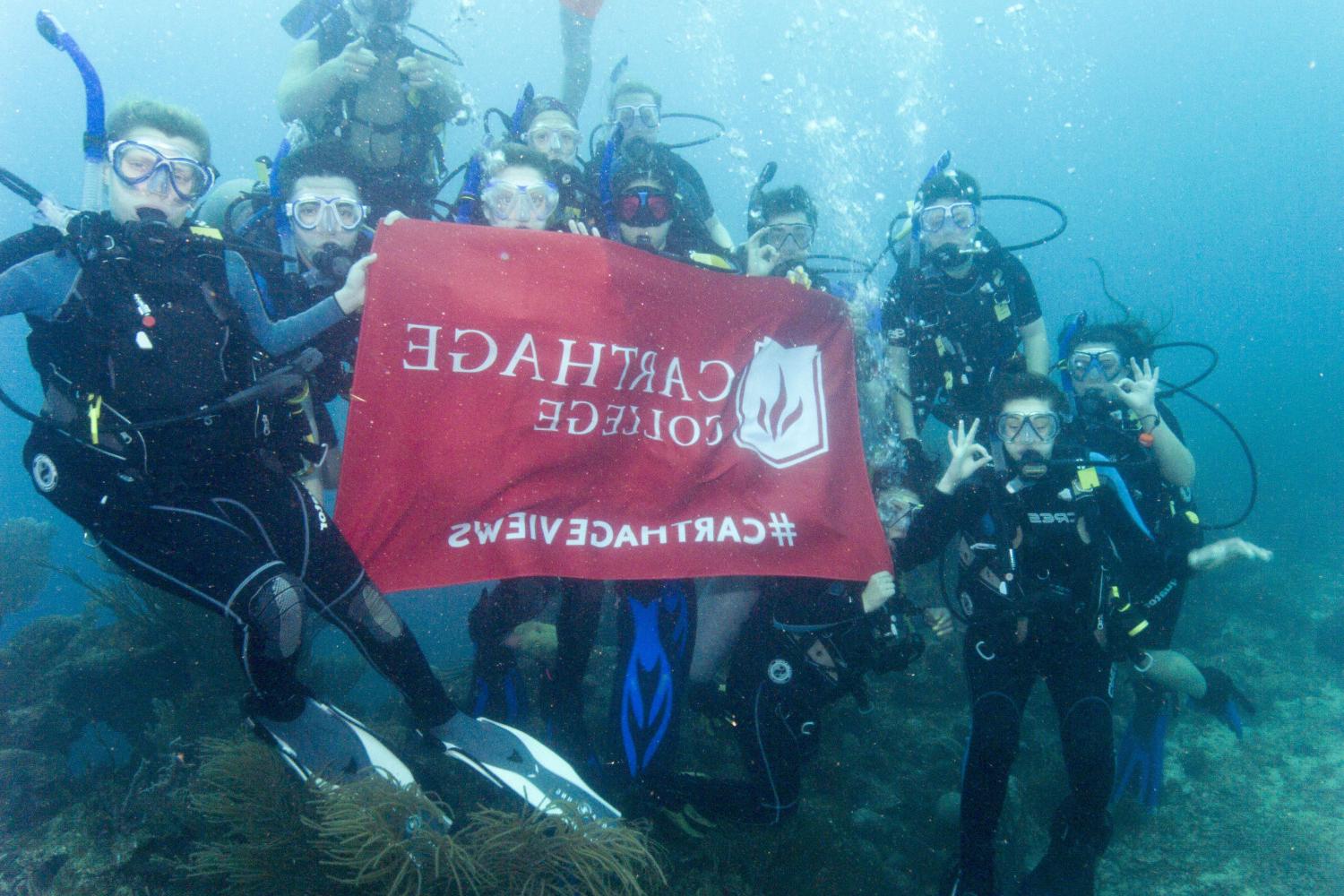 学生们手持<a href='http://ubmf.ngskmc-eis.net'>bv伟德ios下载</a>旗帜，在j学期洪都拉斯游学之旅中潜水.